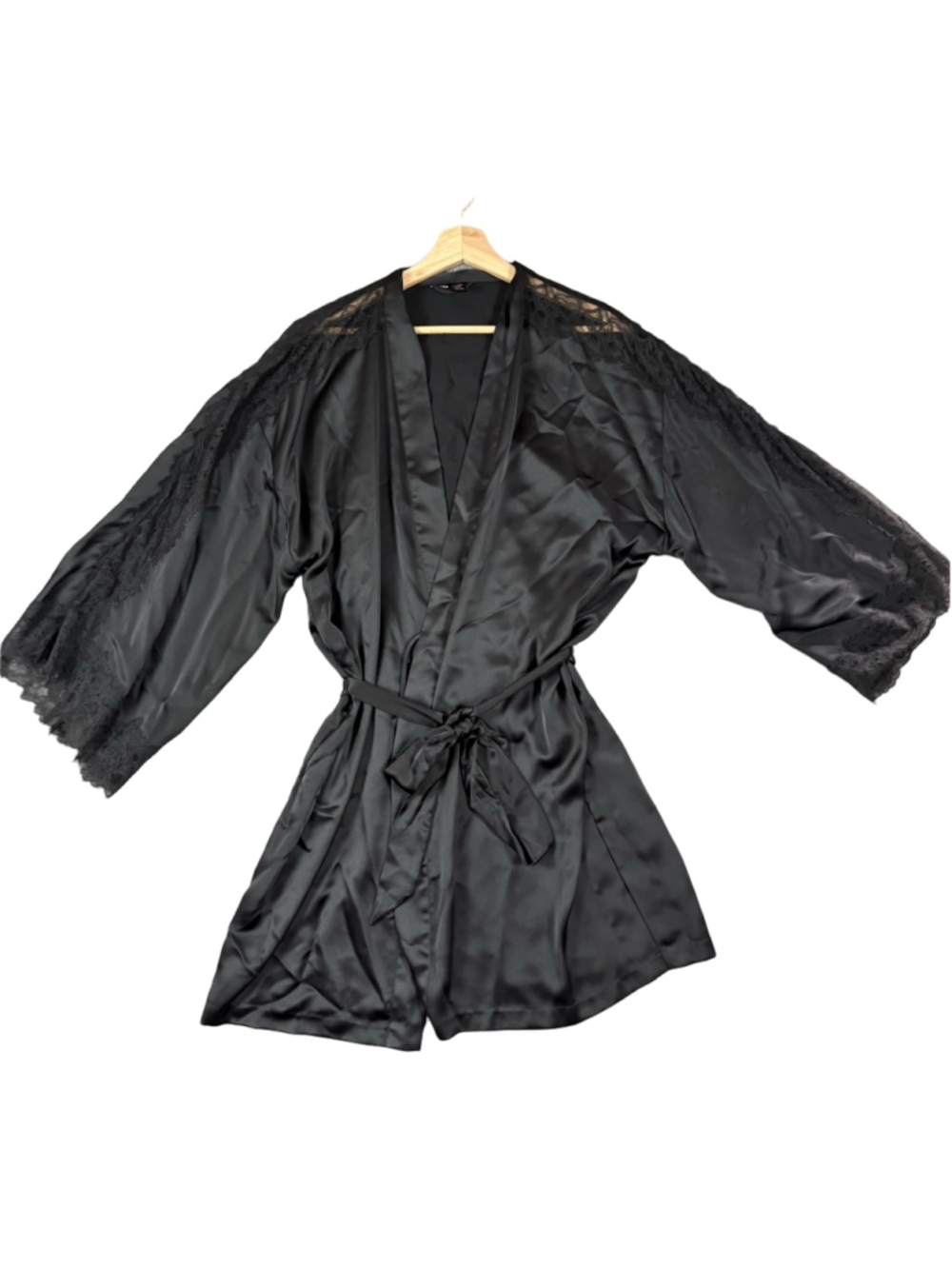 Victoria’s Secret M/L Black Satin Lace Trim Robe Kimono Tie Waist